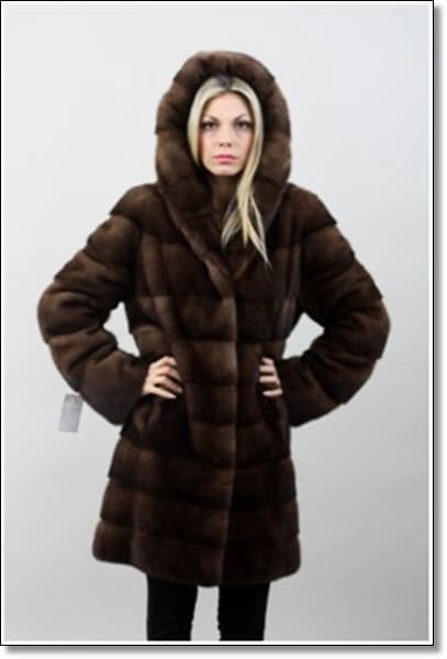 Ladies Hooded Mink Coat Winter Mahogany Fur Jacket Women